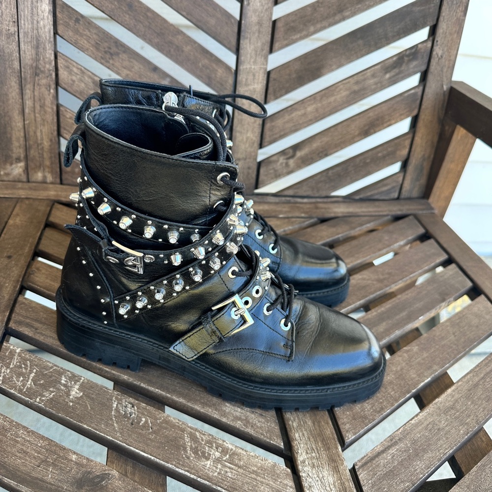 Zara Black Leather Studded Combat Boots